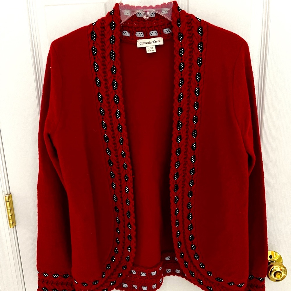 COLDWATER CREEK Red Cardigan Sweater trimmed with black/white ribbon, Small